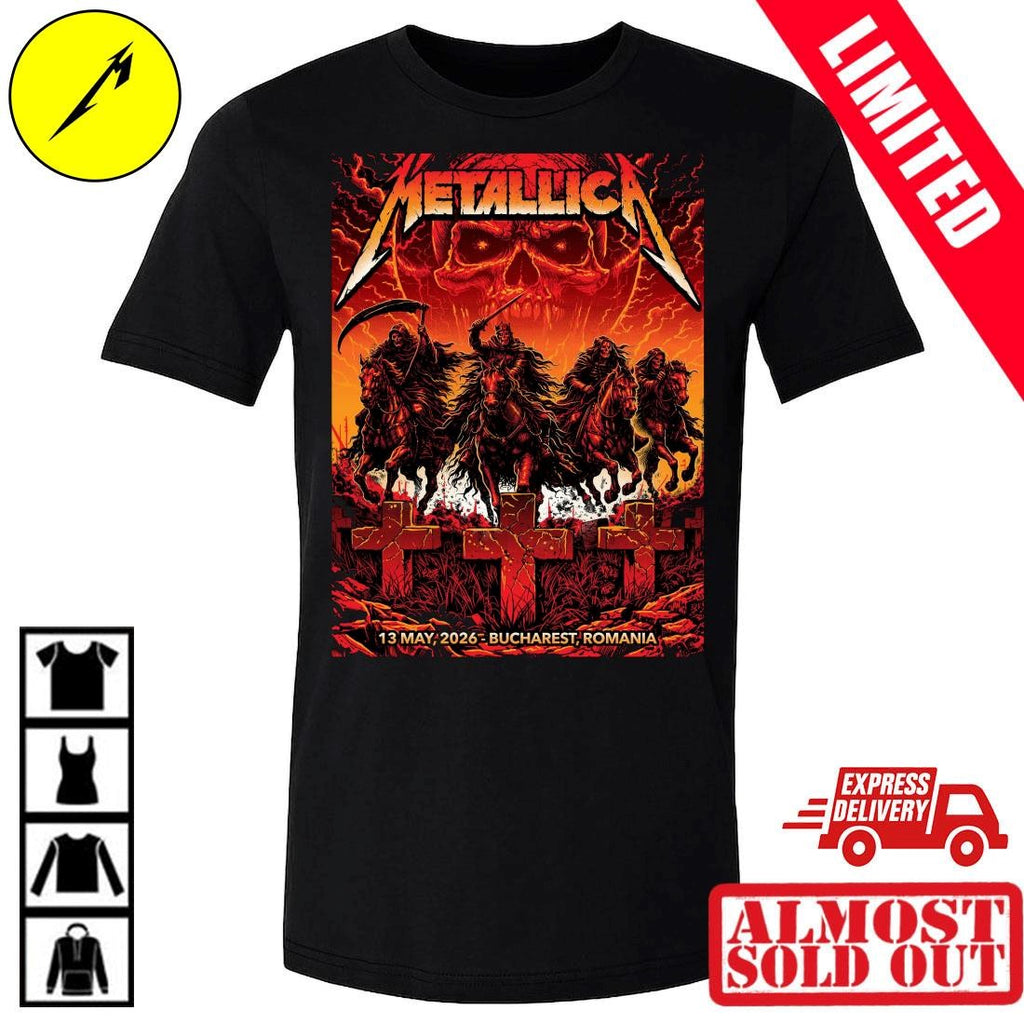 Metallica M72 World Tour Bucharest Romania 2026 Shirt – Four Horsemen Artwork By Maxx242 – National Arena May 13 Concert Venue Merch Tee