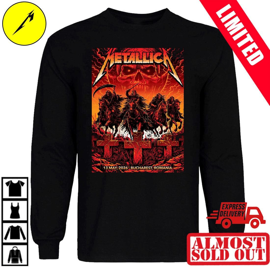 Metallica M72 World Tour Bucharest Romania 2026 Shirt – Four Horsemen Artwork By Maxx242 – National Arena May 13 Concert Venue Merch Tee