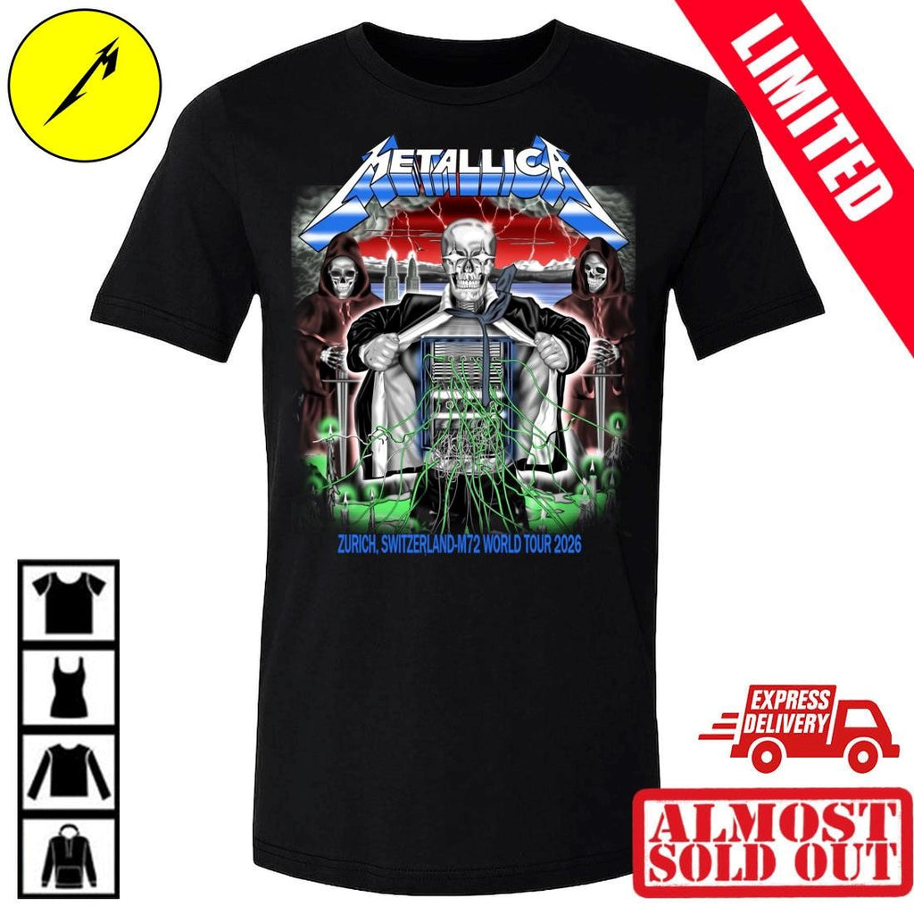 Metallica M72 Zurich Switzerland Event Tee Show At Stadion Letzigrund On May 27 2026 M72 World Tour 2026 Mecha Skull Shirt