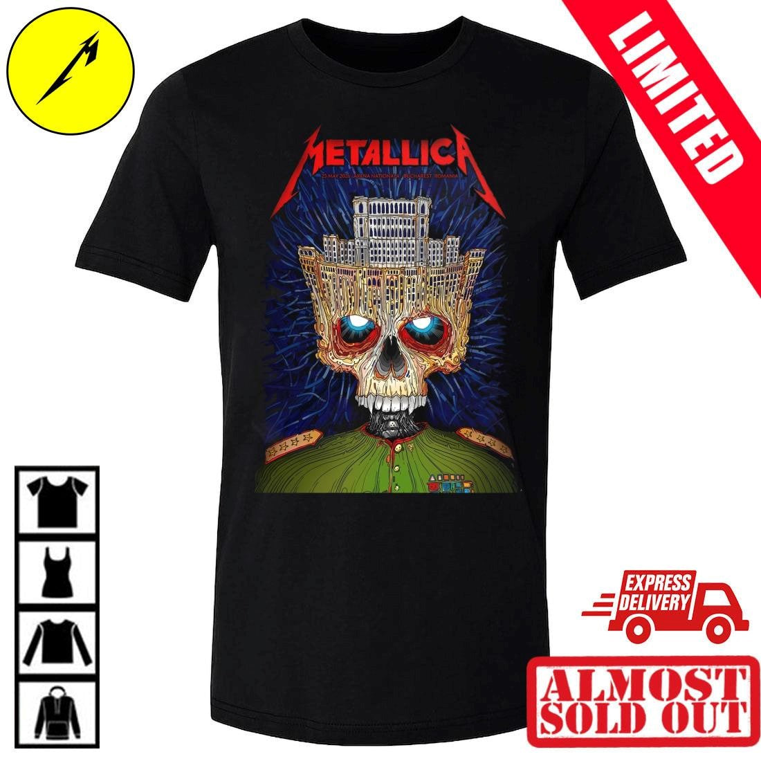 Metallica Shirt Arena Nationala Bucharest Romania Wednesday May 13 2026 – M72 Tour Venue Merch Tee – Parliament Crown Skull By Matei Apostolescu