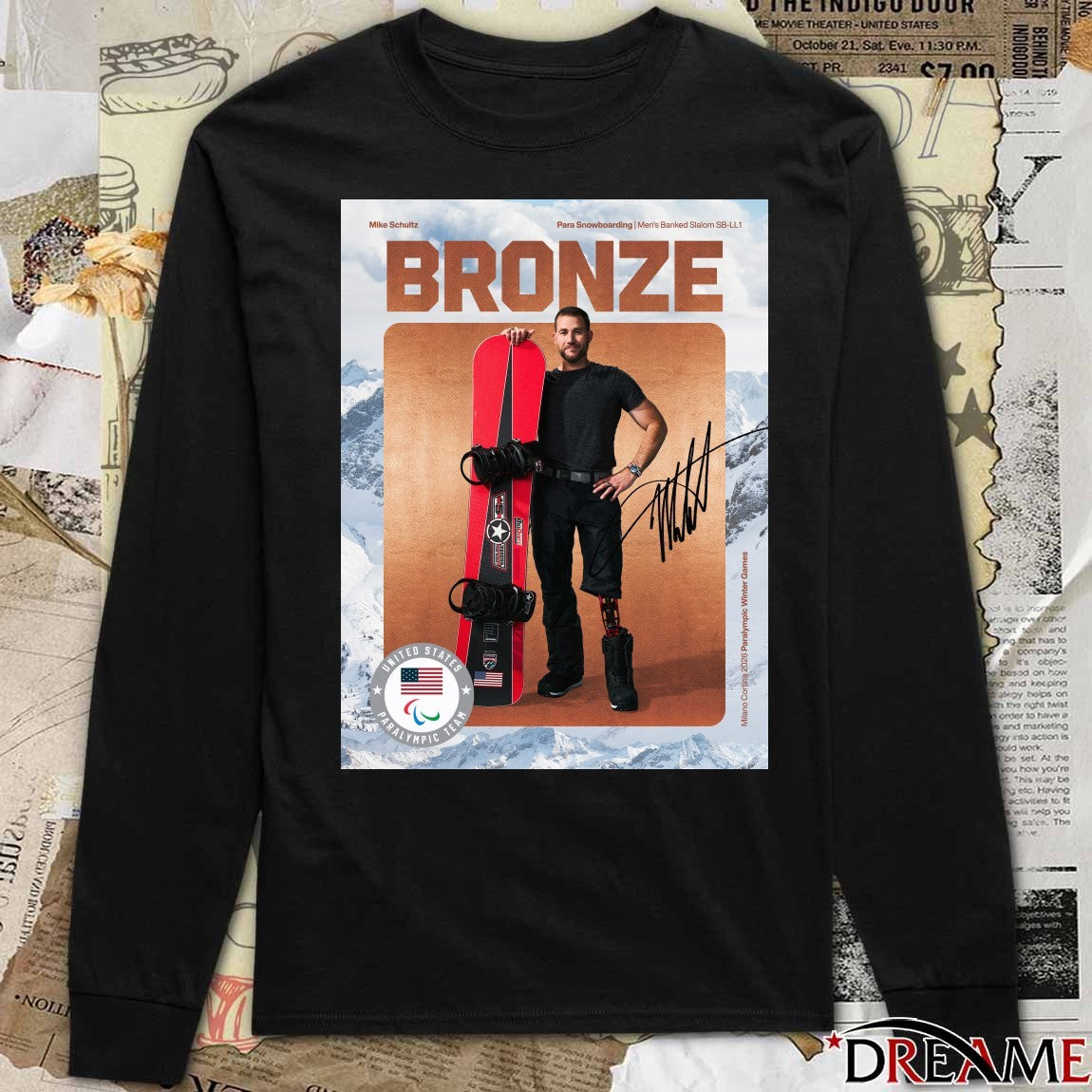 Mike Schultz Para Snowboarding Men’s Banked Slalom SB-LL1 Bronze Medal 2026 Signature Poster t-shirt