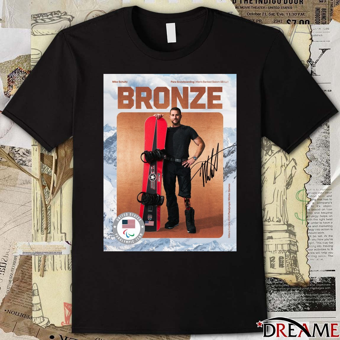 Mike Schultz Para Snowboarding Men’s Banked Slalom SB-LL1 Bronze Medal 2026 Signature Poster t-shirt