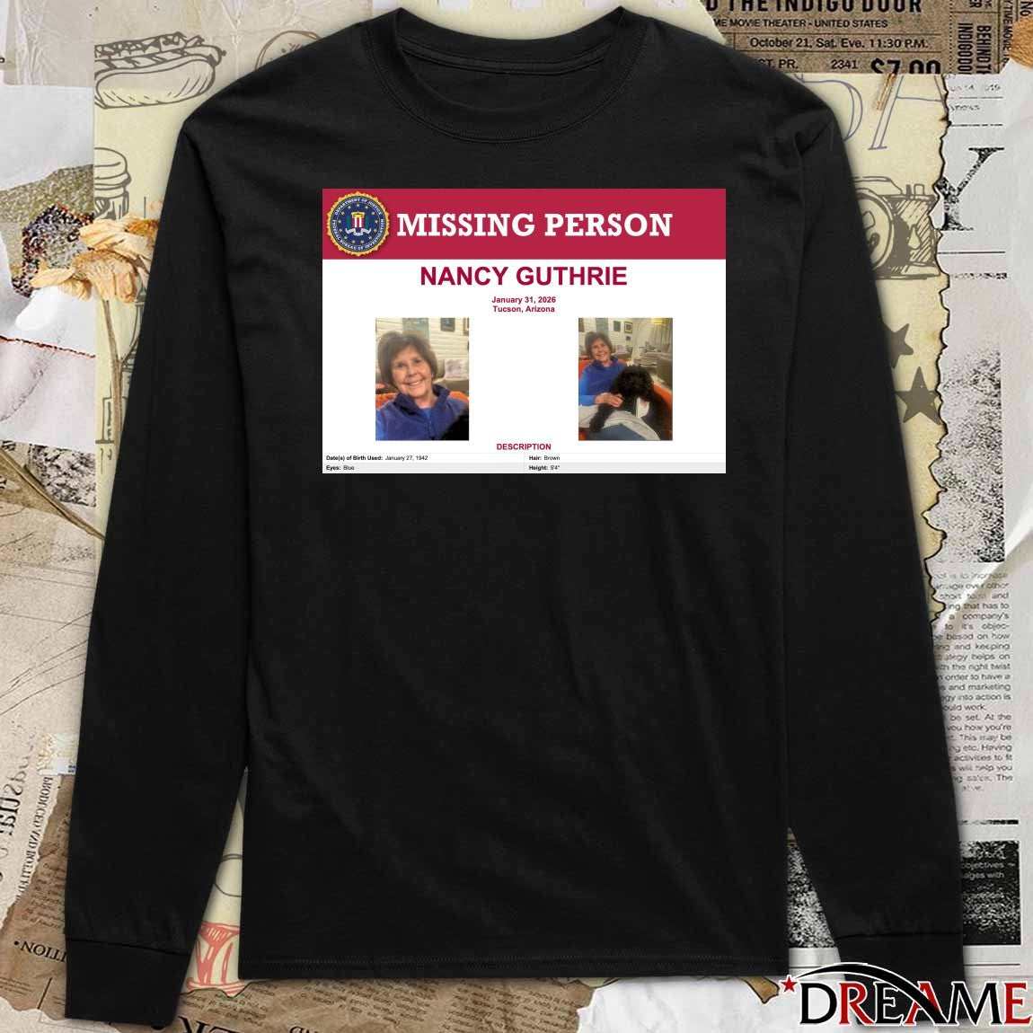Missing Person Nancy Guthrie January 31 2026 Tucson Arizona Description t-shirt