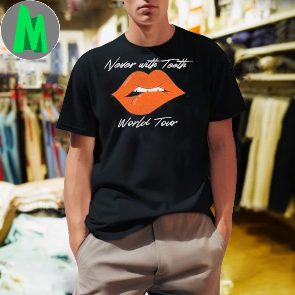 Never With Teeth World Tour Lips Fang Graphic Fan T-Shirt