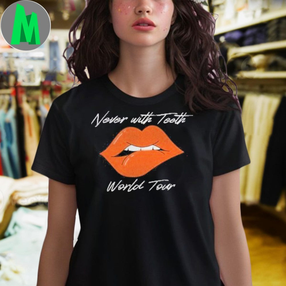 Never With Teeth World Tour Lips Fang Graphic Fan T-Shirt