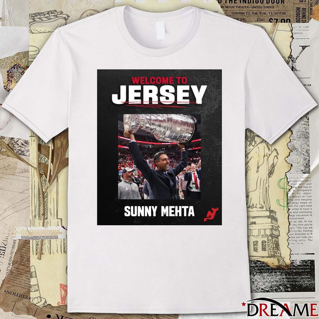 New Jersey Devils Welcome To Jersey Sunny Mehta 2026 Poster t-shirt