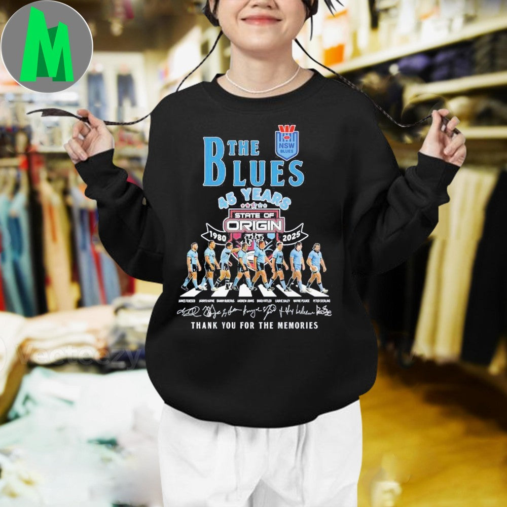 New South Wales Blues 45th Anniversary State Of Origin 1980-2025 T-Shirt Rugby League Fan Apparel Iconic Team Graphic Tee