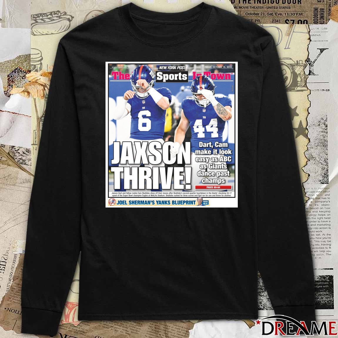 New York Post Sports Jaxson Thive Dart, Cam make it look easy as ABC as Giants dance past champs t-shirt