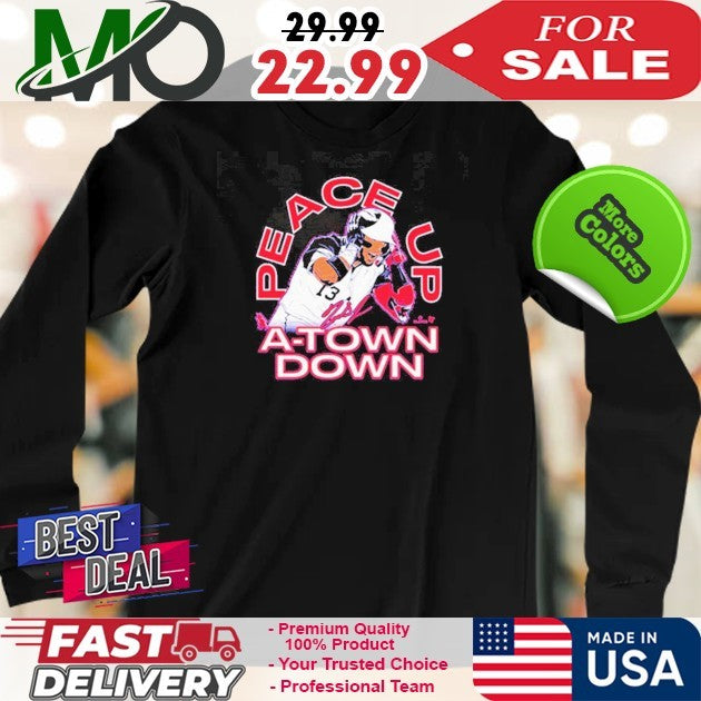 Number 13 Ronald Acuña Jr. Peace Up A-Town Down Signature Graphic Baseball Shirt