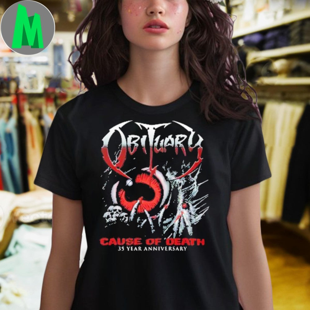 Obituary Cause Of Death 35 Year Anniversary 2025 T-Shirt Death Metal Band Graphic Tee Tour Merch Official Fan Apparel