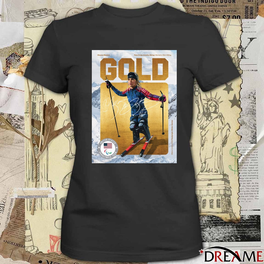 Oksana Masters Para Cross-Country Skiing Women’s 10km Sitting Gold Medal Signature Poster t-shirt
