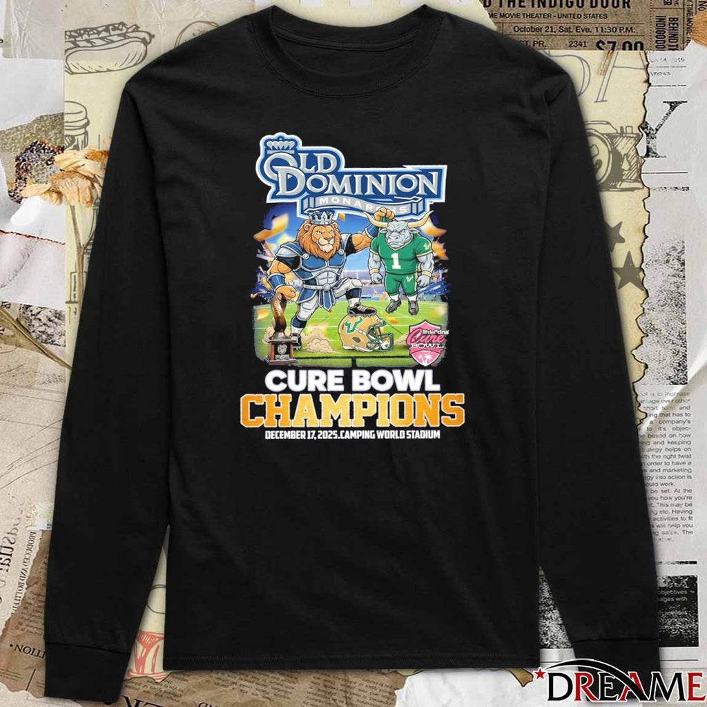 Old Dominion Monarchs Defeats South Florida Bulls football 2025 Cure Bowl Champions Dec 17 Camping World Stadium Mascots t-shirt