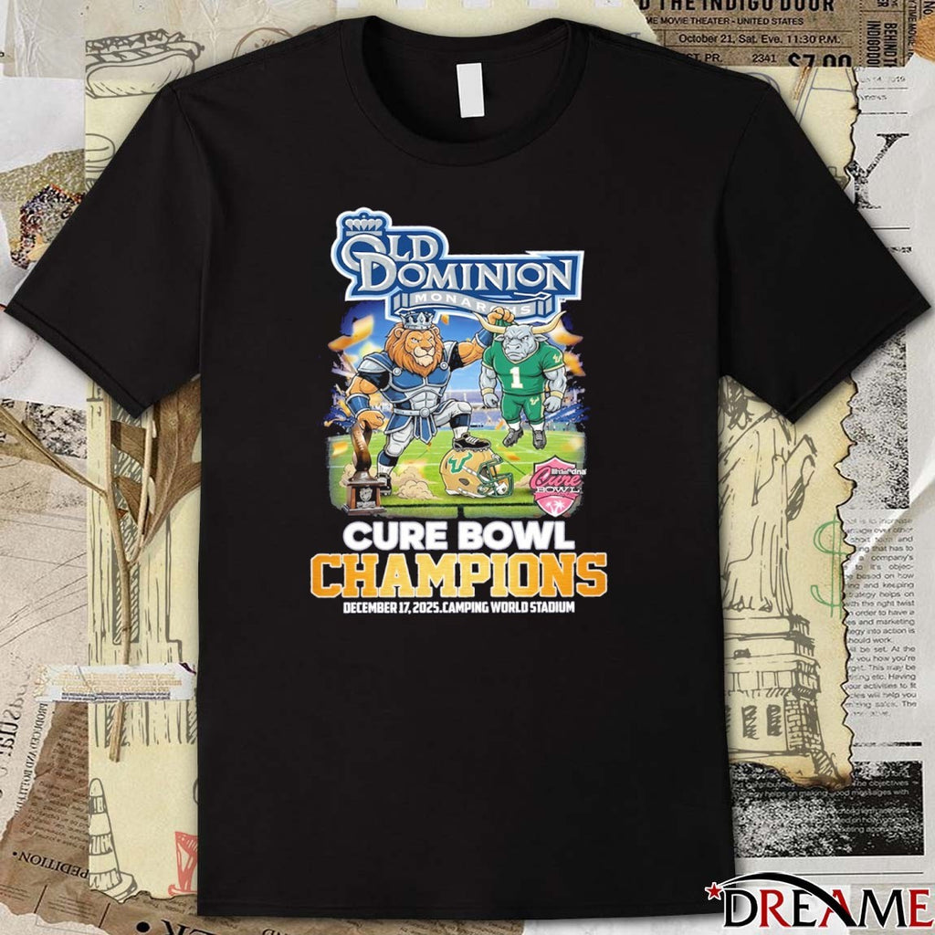 Old Dominion Monarchs Defeats South Florida Bulls football 2025 Cure Bowl Champions Dec 17 Camping World Stadium Mascots t-shirt