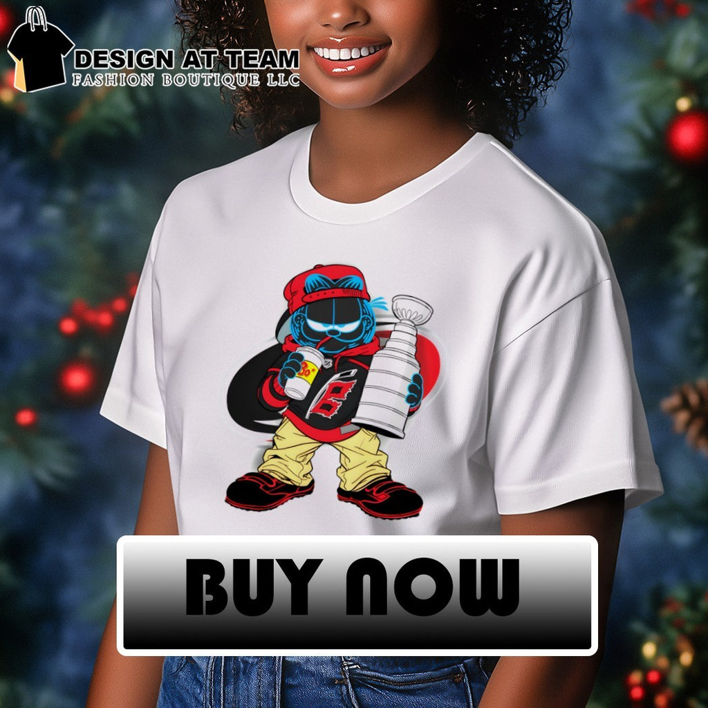 Orange cat Carolina Hurricanes ice hockey mascot holding trophy cup NHL 2026 shirt