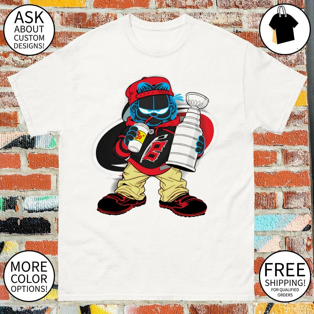 Orange cat Carolina Hurricanes ice hockey mascot holding trophy cup NHL 2026 shirt