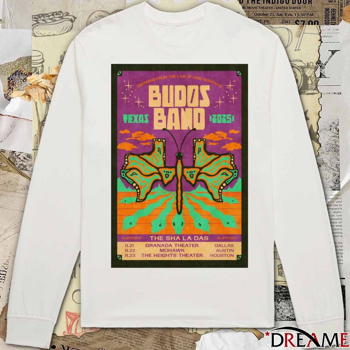 Poster Budos Band Poster TX Tour 2025 11.21 Granada Theater Dallas 11.22 Mohawk Austin 11.23 The Heights Theater Houston t-shirt