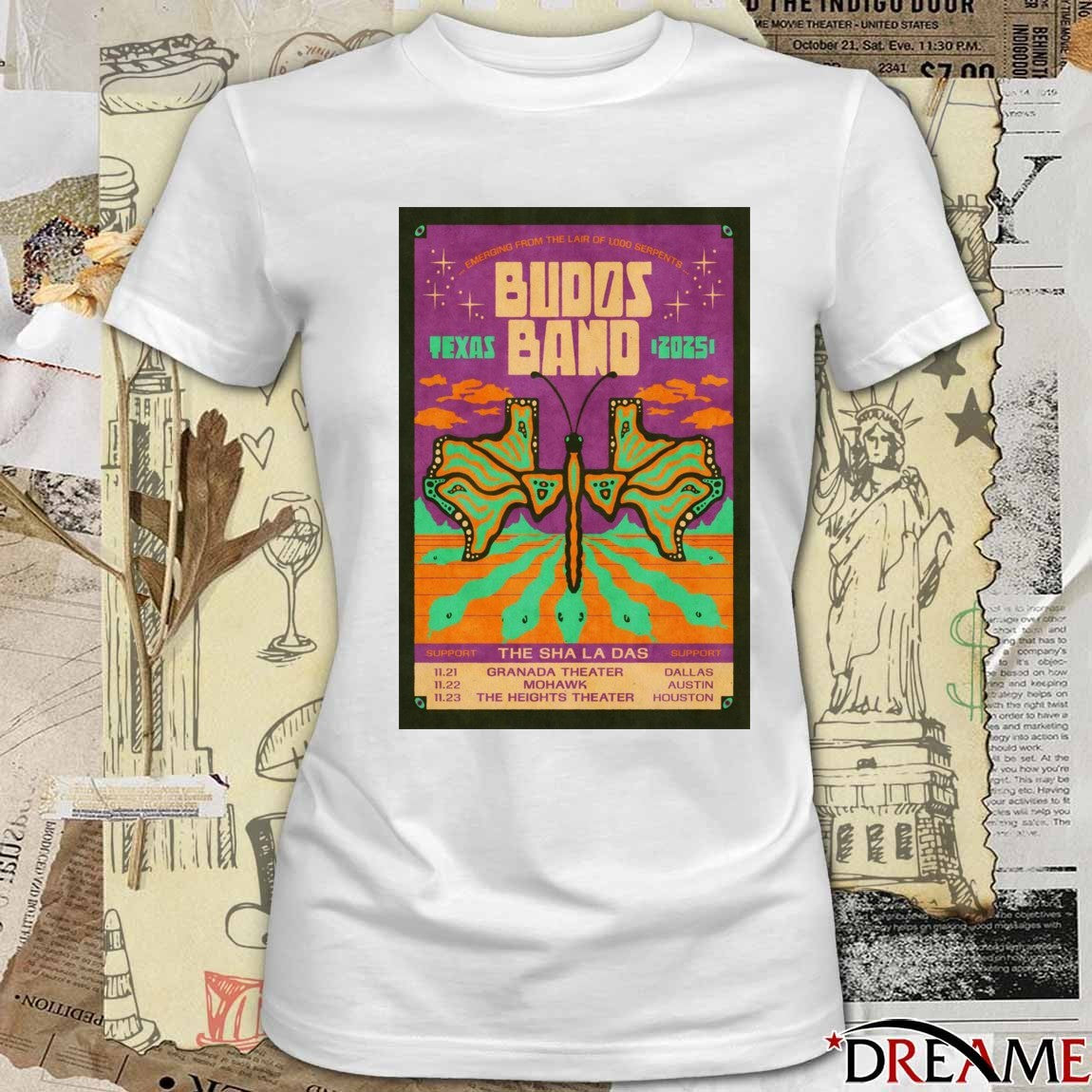 Poster Budos Band Poster TX Tour 2025 11.21 Granada Theater Dallas 11.22 Mohawk Austin 11.23 The Heights Theater Houston t-shirt