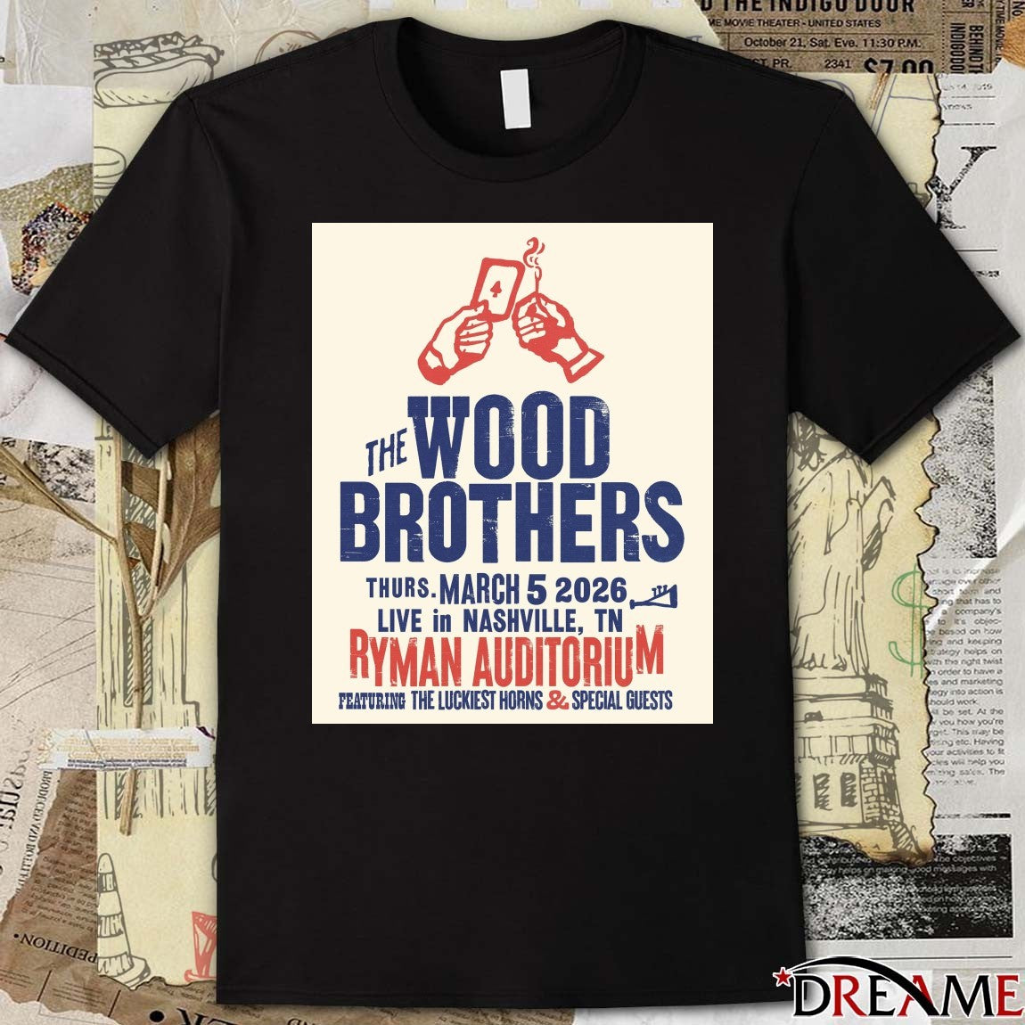 Poster The Wood Brothers March 5 2026 Nashville, TN Ryman Auditorium t-shirt