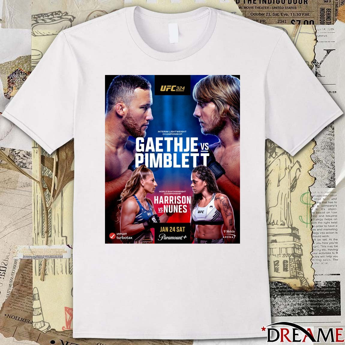 Poster UFC 324 Justin Gaethje Vs Paddy Pimblett, Kayla Harrison Vs Amanda Nunes January 24, 2026 t-shirt