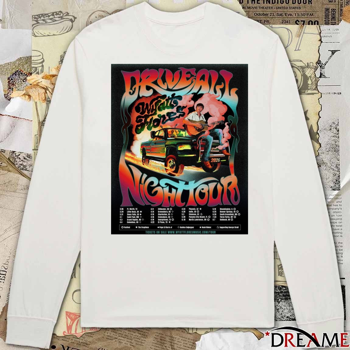Poster Wyatt Flores Drive All Night Tour 2026 Festival t-shirt