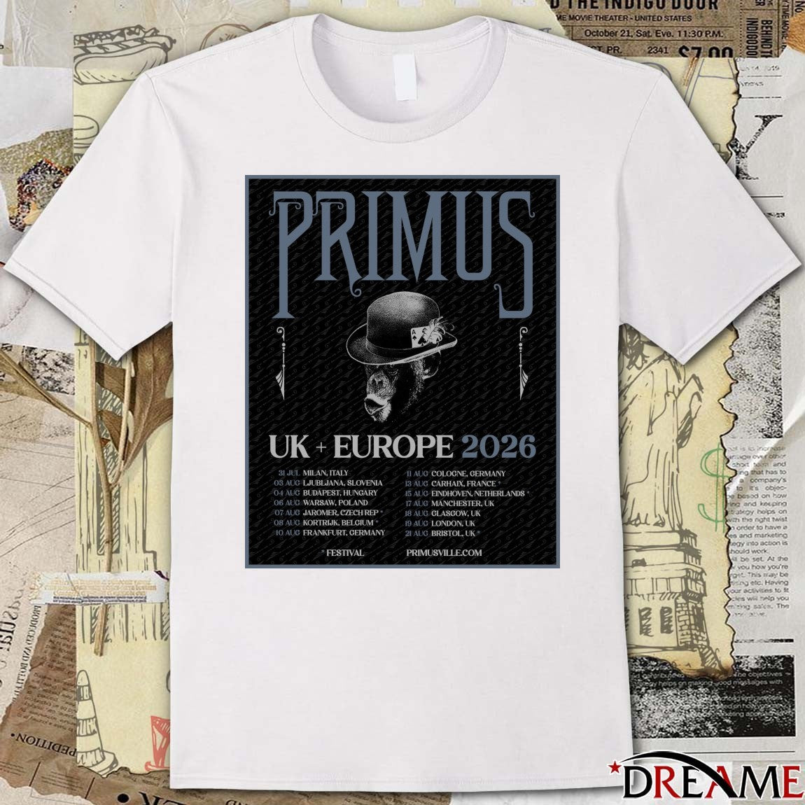 Primus UK and Europe July 31 Milan Italy, August 03 – 21 2026 Poster t-shirt