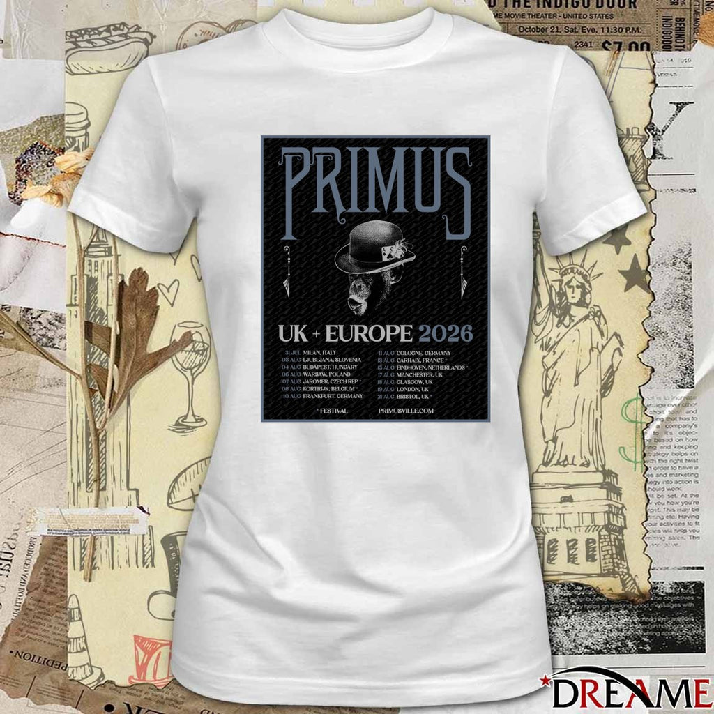 Primus UK and Europe July 31 Milan Italy, August 03 – 21 2026 Poster t-shirt