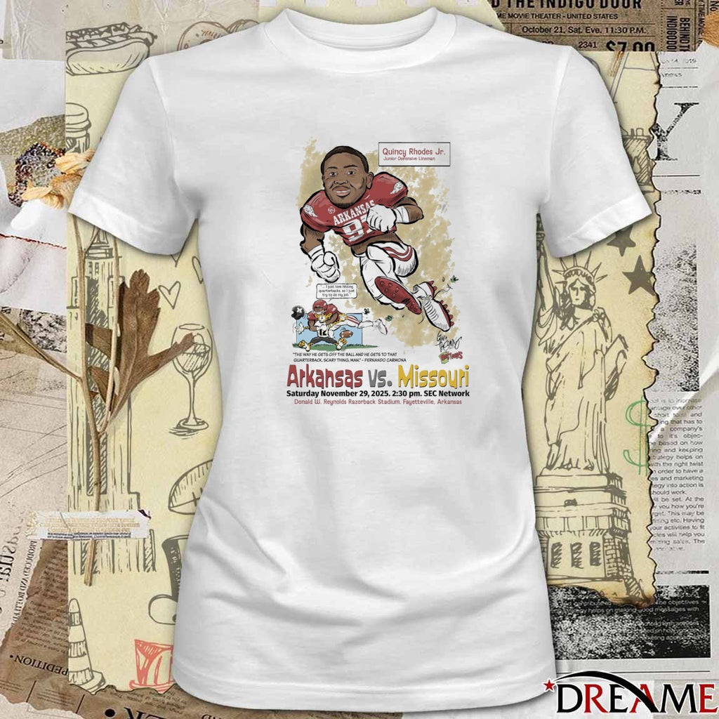 Quincy Rhodes Jr. Arkansas vs. Missouri November 29, 2025 Donald W. Reynolds Razorback Stadium, Fayetteville, Arkansas t-shirt