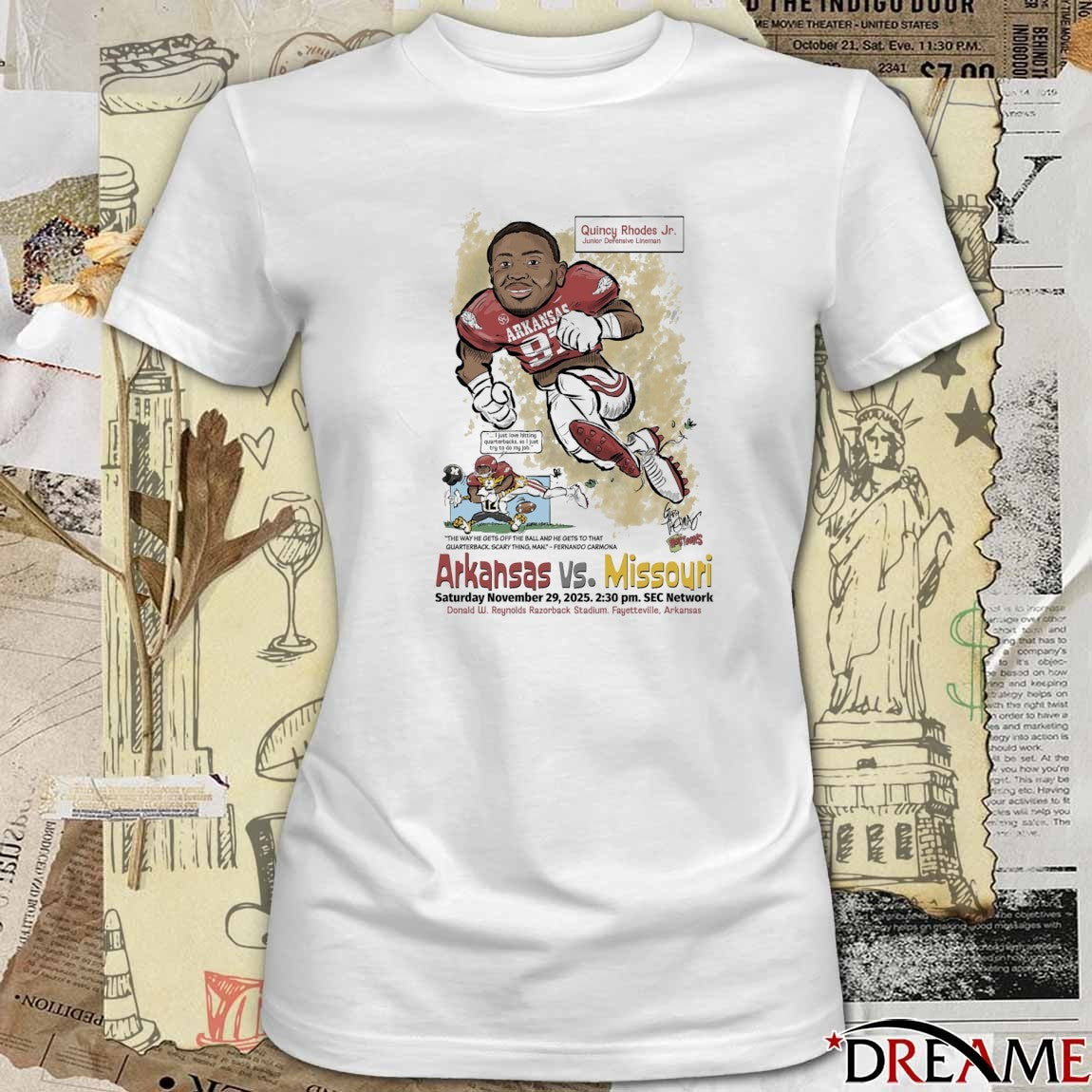 Quincy Rhodes Jr. Arkansas vs. Missouri November 29, 2025 Donald W. Reynolds Razorback Stadium, Fayetteville, Arkansas t-shirt