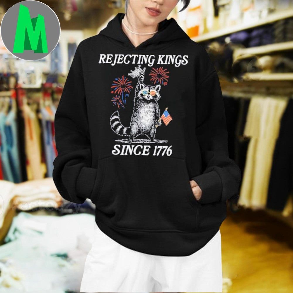 Rejecting Kings Since 1776 Patriotic Racoon Fireworks T-Shirt
