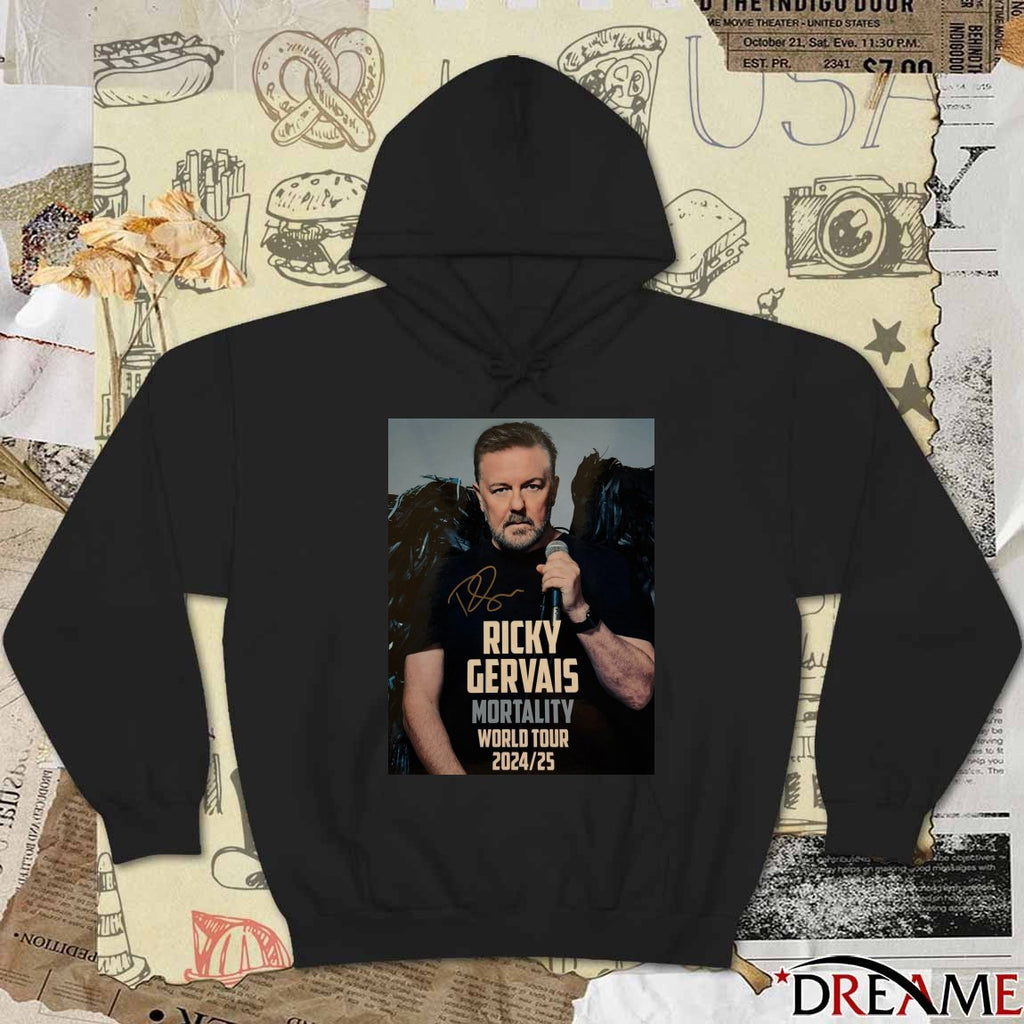 Ricky Gervais Mortality World Tour 2024-25 Signature Poster t-shirt