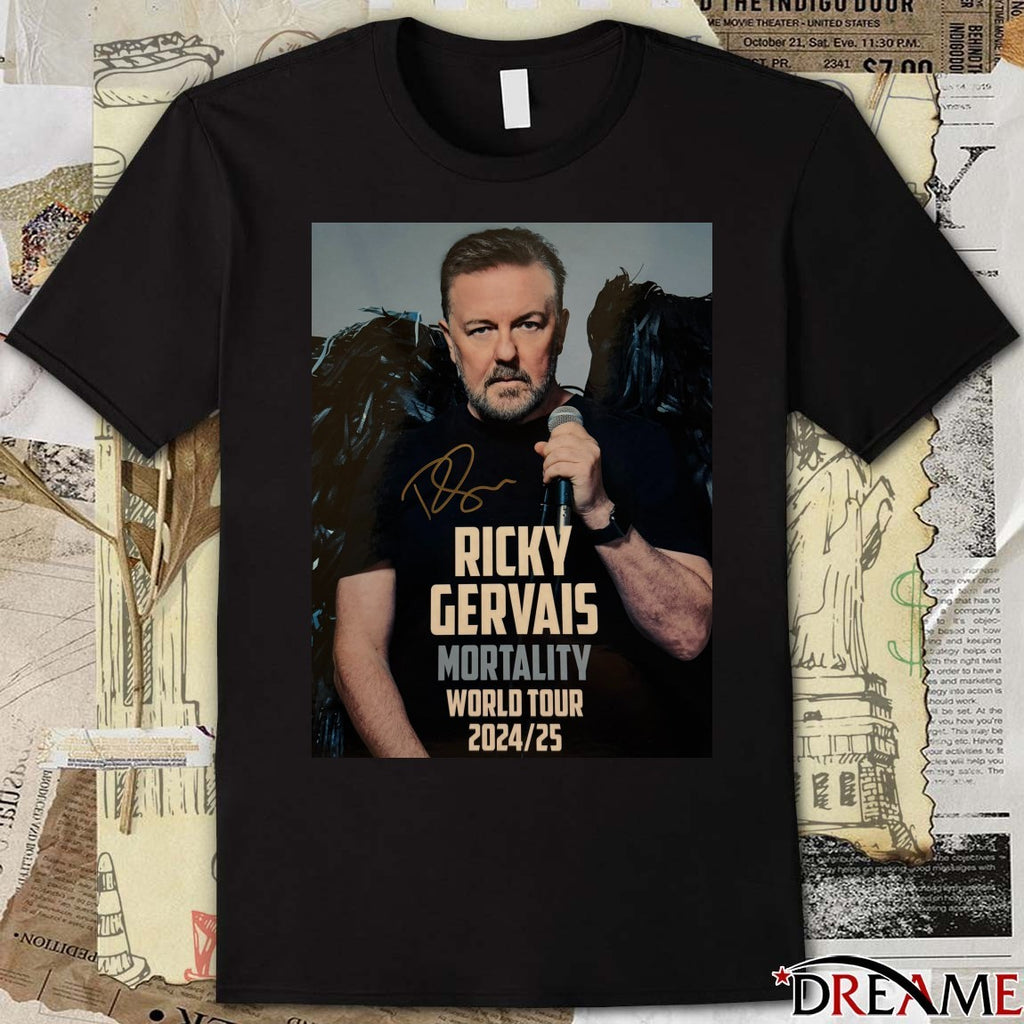 Ricky Gervais Mortality World Tour 2024-25 Signature Poster t-shirt