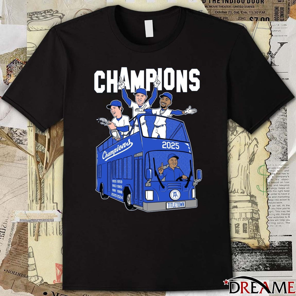 Shohei Ohtani, Yoshinobu Yamamoto and Mookie Betts Los Angeles Dodgers 2025 MLB Champions Titletown Caricatures t-shirt