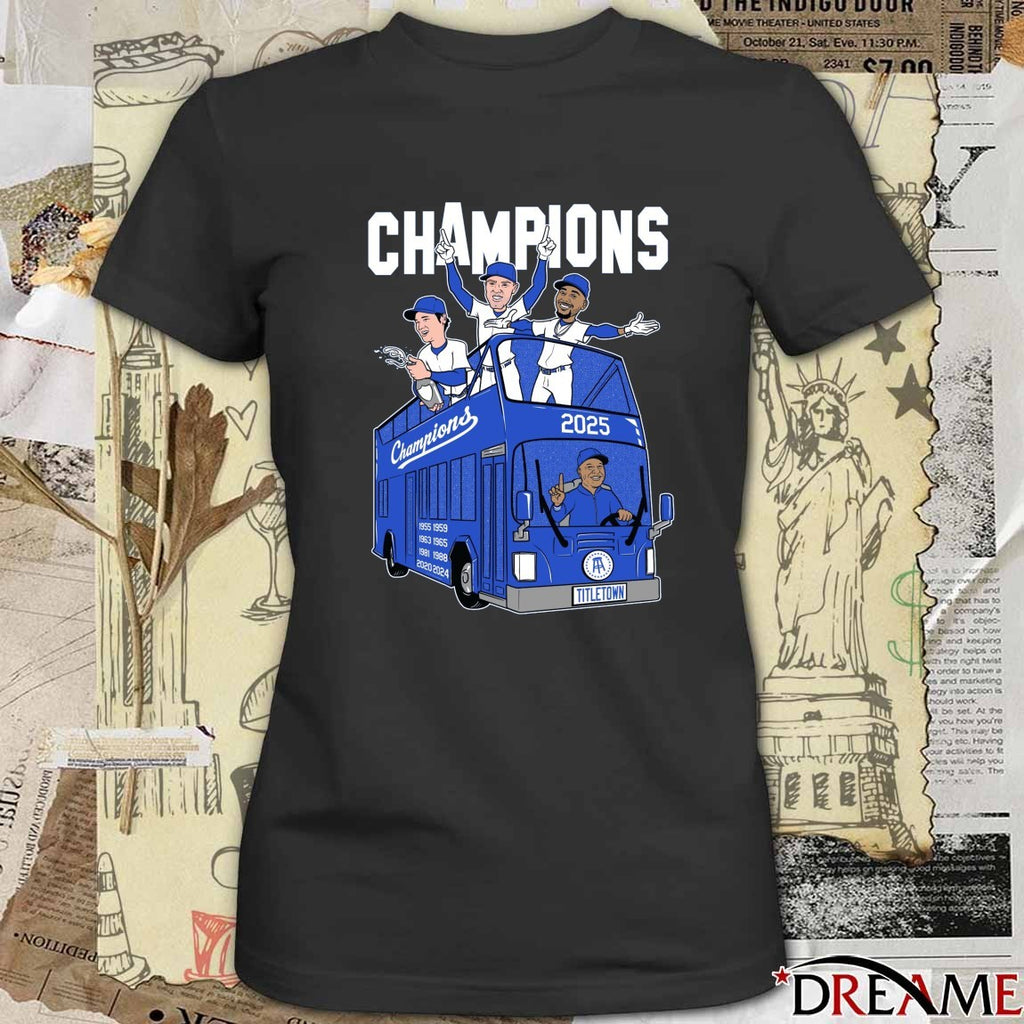 Shohei Ohtani, Yoshinobu Yamamoto and Mookie Betts Los Angeles Dodgers 2025 MLB Champions Titletown Caricatures t-shirt