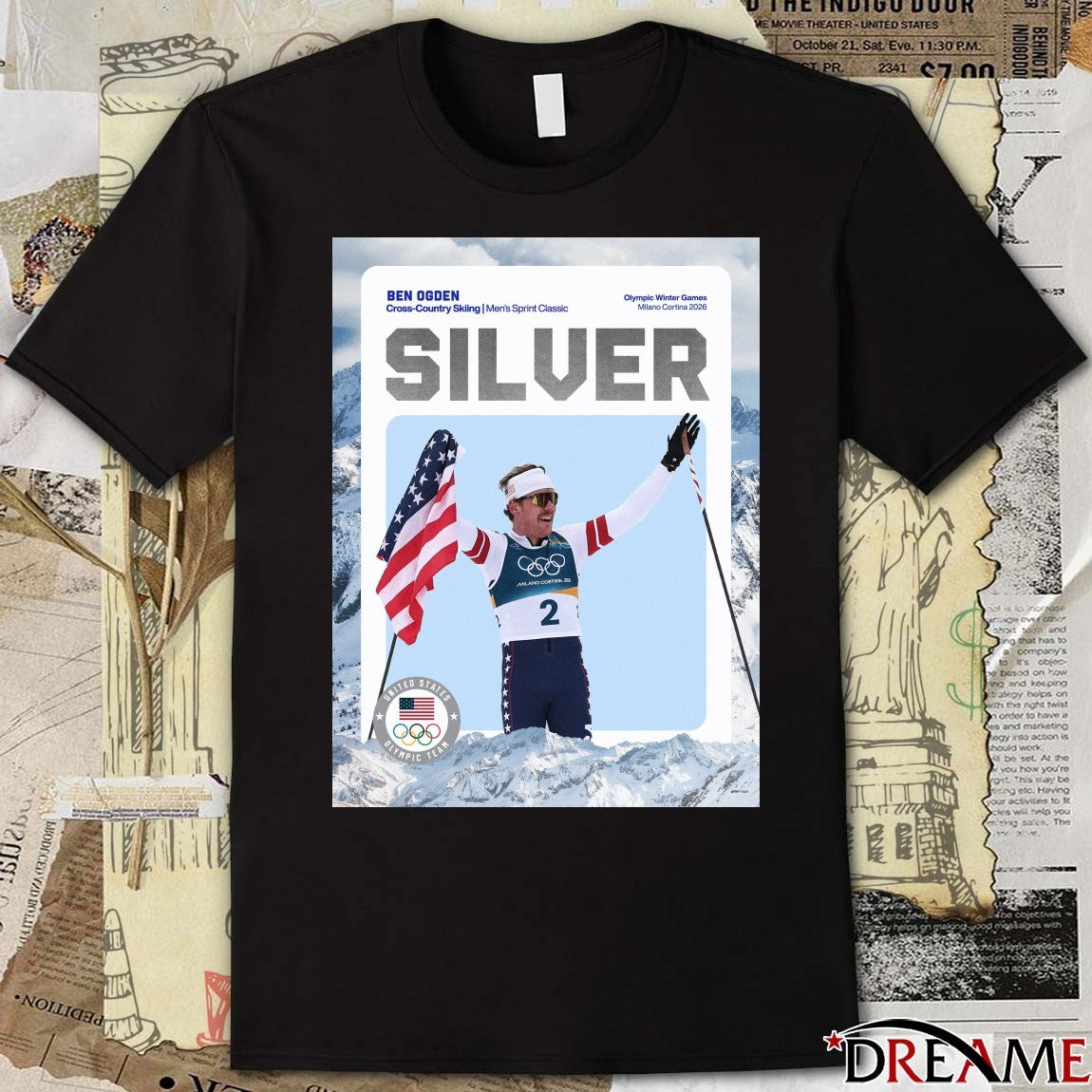 Silver Ben Ogden Cross-Country Skiing Men’s Sprint Classic Milano Cortina 2026 Poster t-shirt