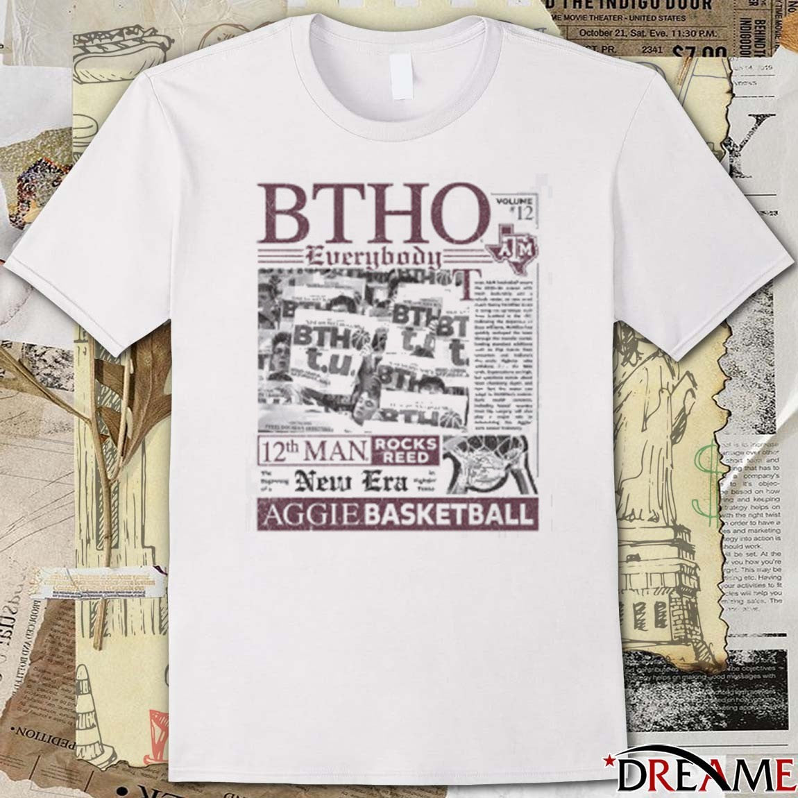 Texas A&M Aggie Basketball Newspaper Btho Everybody 12th Man Rocks Reed New Era t-shirt