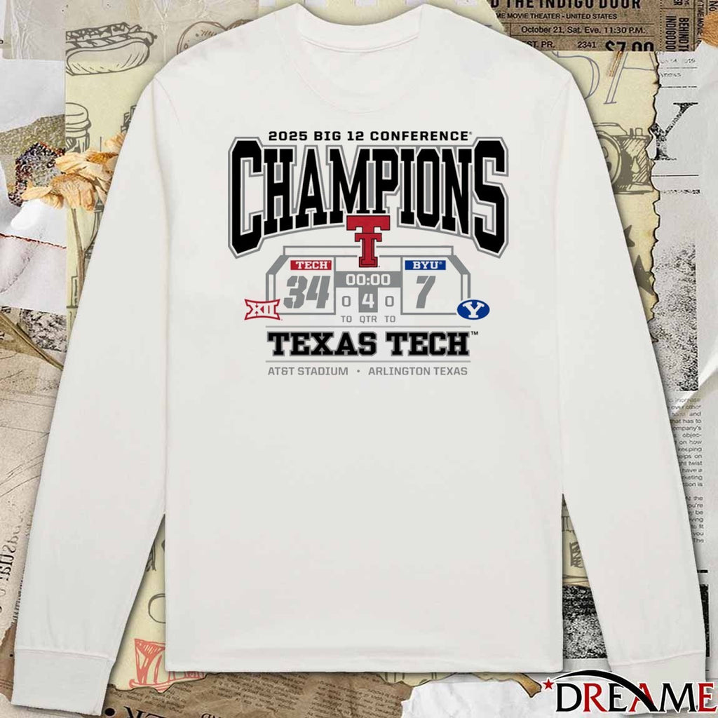 Texas Tech Red Raiders Vs Byu Cougars 2025 Big 12 Football Conference Champions Score 34 – 7 Arlington TX t-shirt