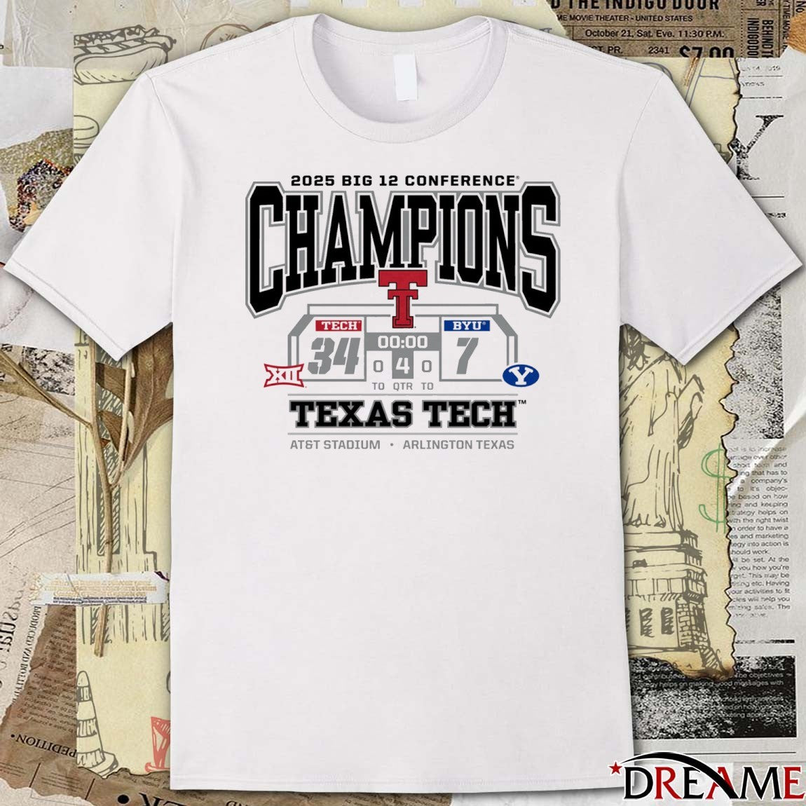 Texas Tech Red Raiders Vs Byu Cougars 2025 Big 12 Football Conference Champions Score 34 – 7 Arlington TX t-shirt
