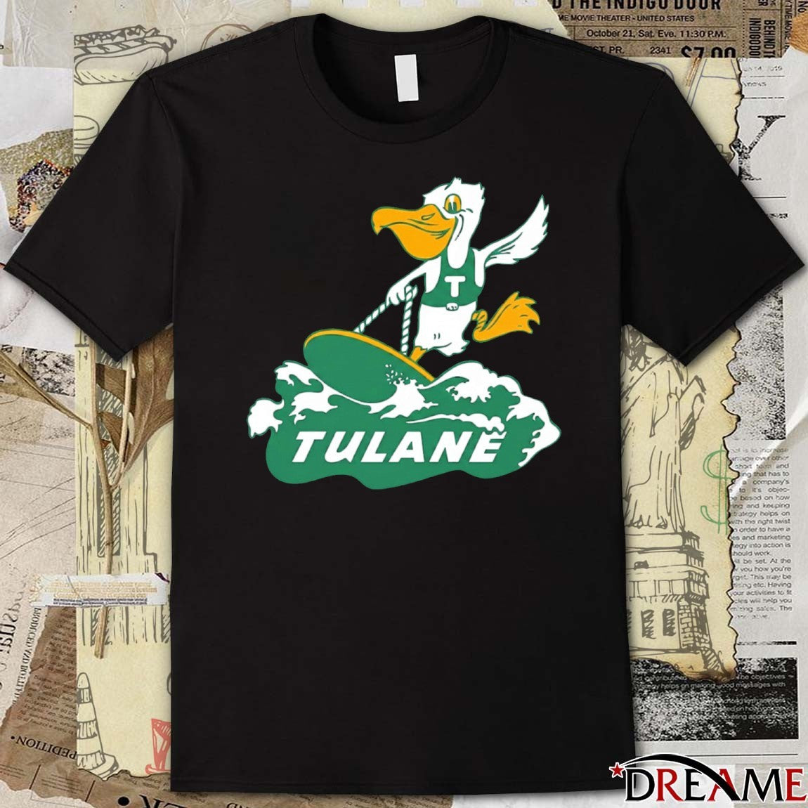 Tulane Green Wave Mascot Surfboard logo t-shirt