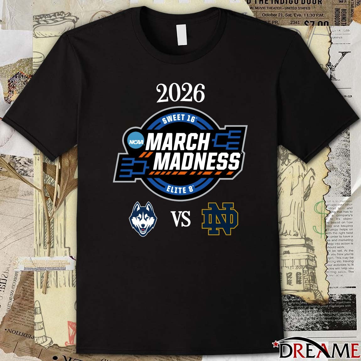 UConn Huskies vs Notre Dame Fighting Irish 2026 NCAA Women’s March Madness Elite 8 Logos t-shirt