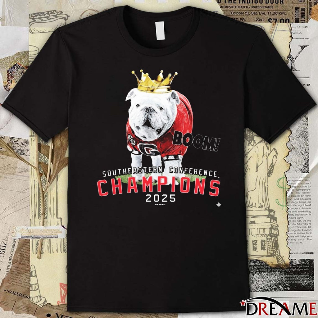 UGA Georgia Bulldogs 2025 Southeastern Conference Champions Boom Mascot Crown t-shirt