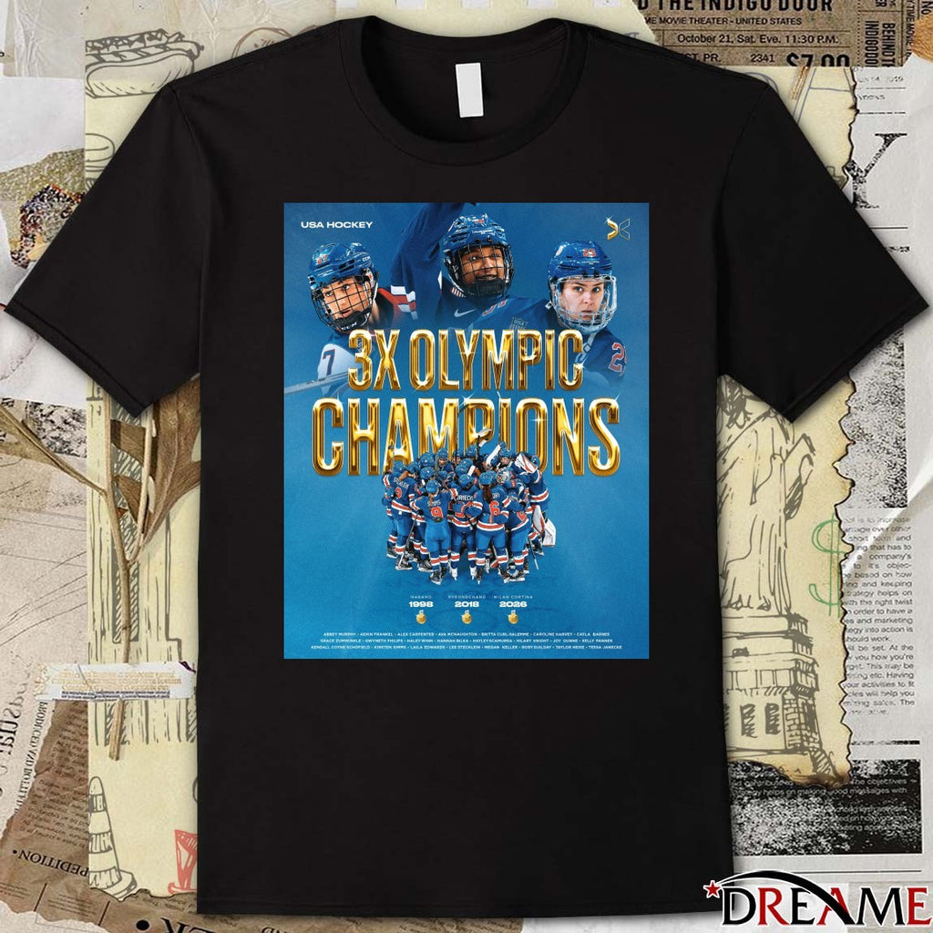 USA Hockey 3x Champions Nagano 1998 Pyeongchang 2018 Milano Cortina 2026 t-shirt
