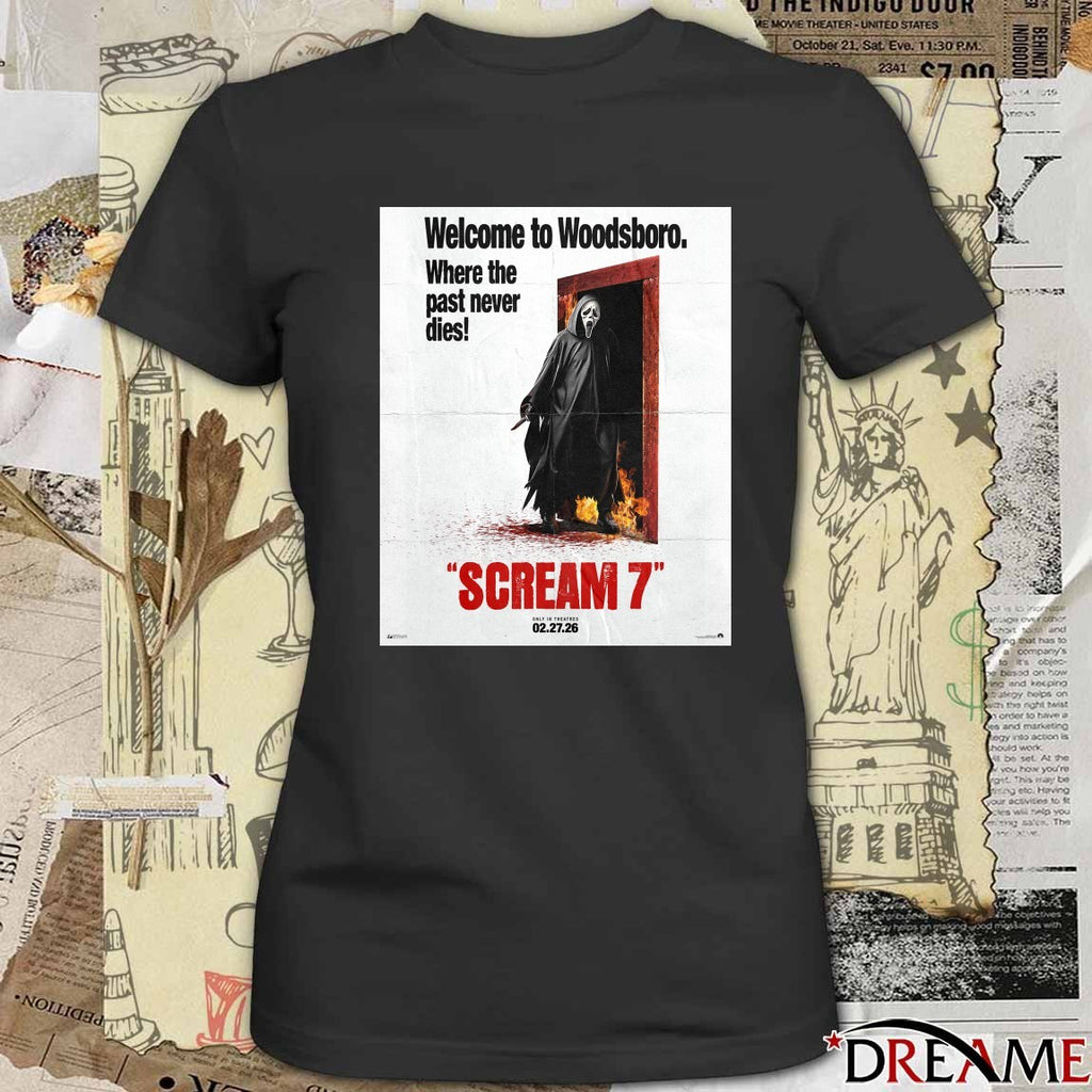 Where To Woodsboro Where The Past Never Dies Scream 7 Only in theatres February 27 2026 Poster t-shirt
