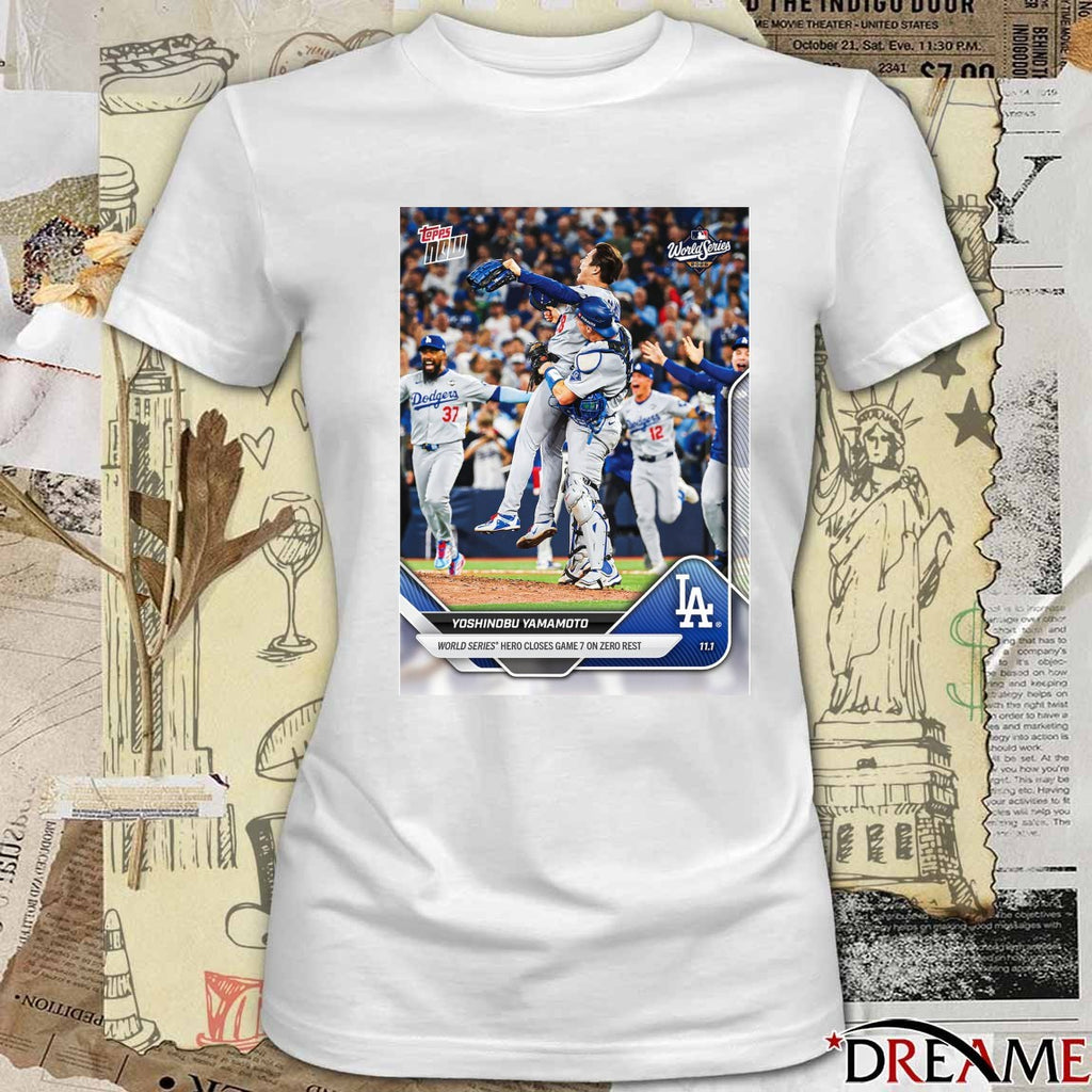 Yoshinobu Yamamoto 2025 MLB Topps Los Angeles Dodgers World Series Hero Closes Game 7 On Zero Rest Card t-shirt