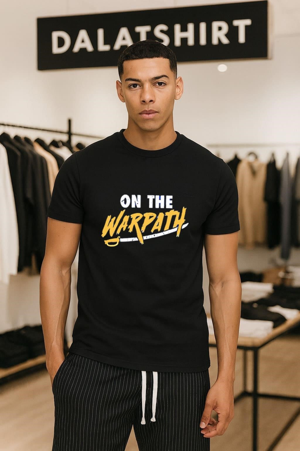 On The Warpath Yellow Script Text With Saber shirt