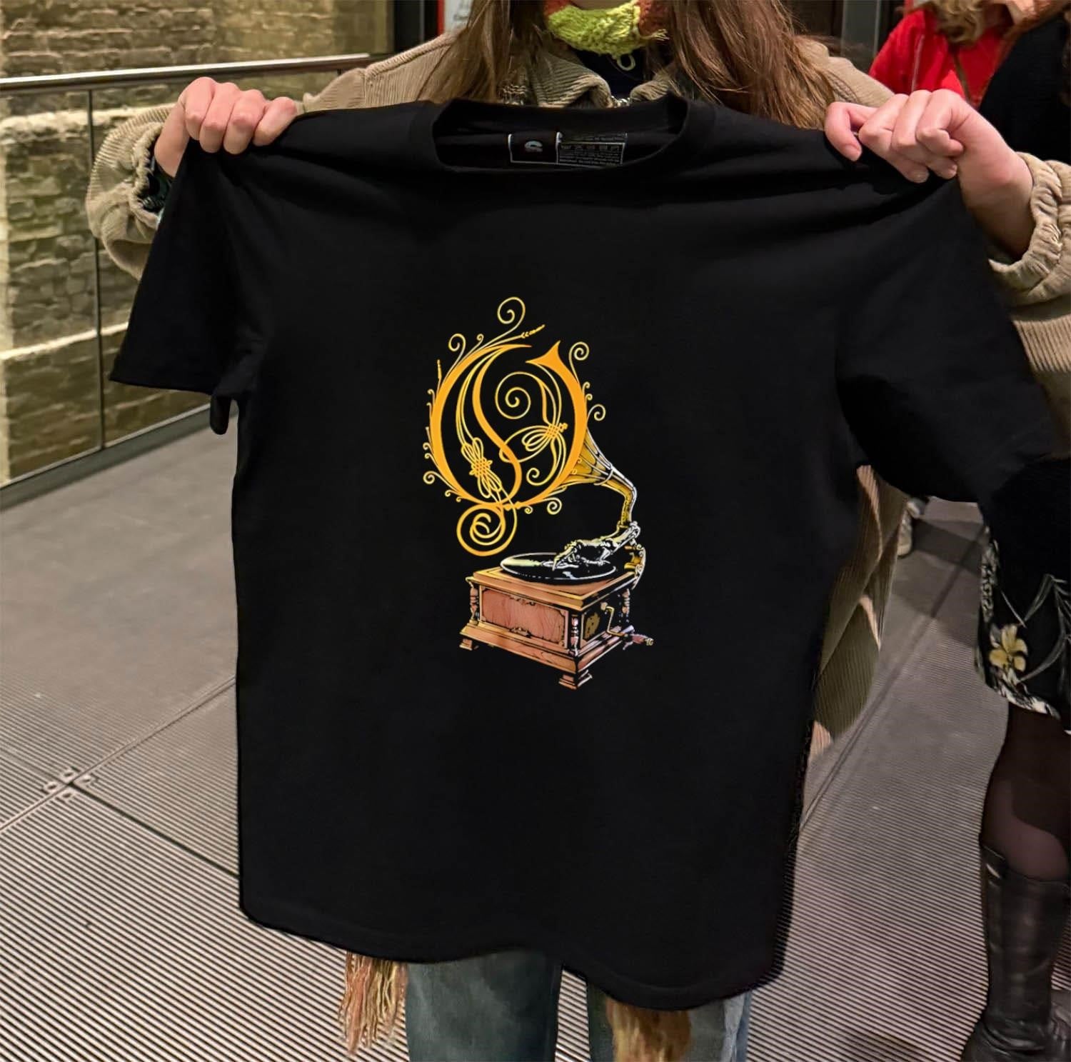 Opeth Gramophone Skeleton Hand Playing Vinyl Record Logo shirt