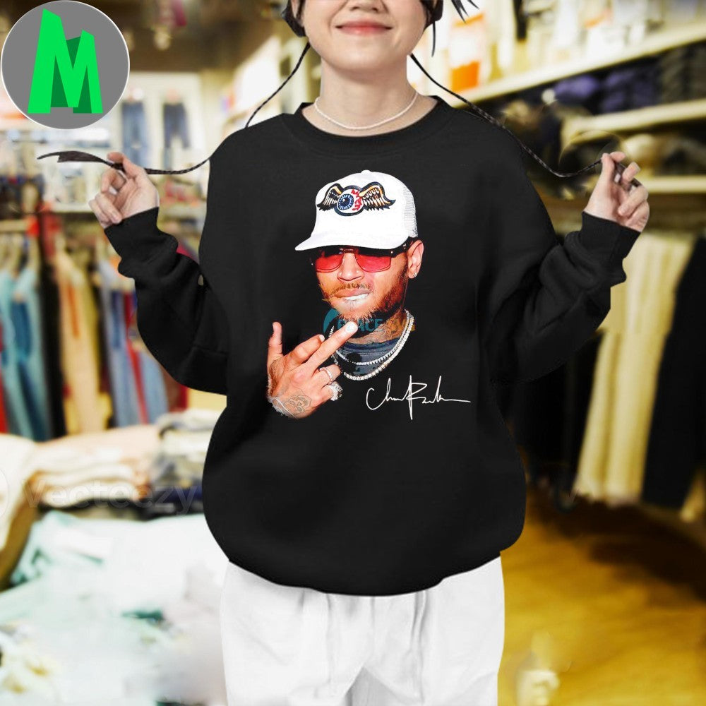 Original Chris Brown White Cap Red Sunglasses Middle Finger Shirt