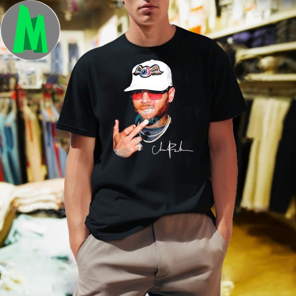 Original Chris Brown White Cap Red Sunglasses Middle Finger Shirt