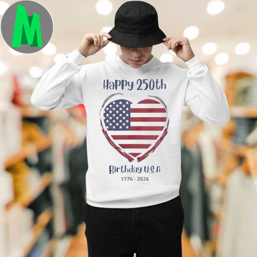 Original Happy 250th Birthday USA American Flag Heart T-Shirt