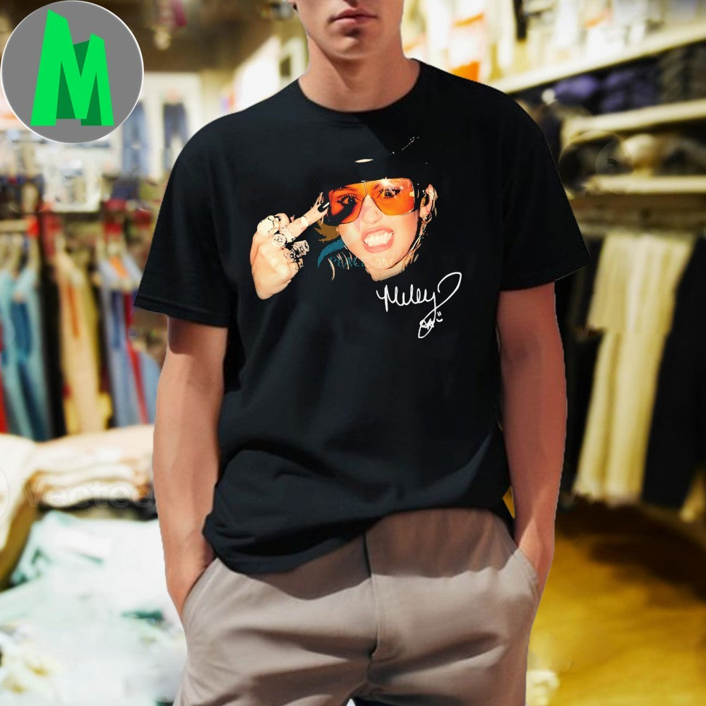 Original Miley Cyrus Orange Sunglasses Rock Gesture Signature Shirt
