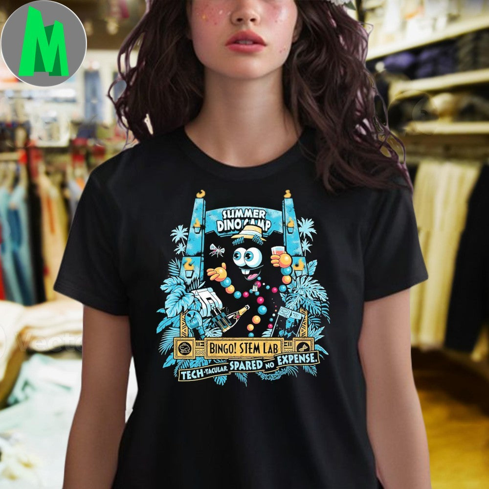 Original Summer Dino Camp Tech Tacular Spared No Expense Bingo STEM Lab Shirt